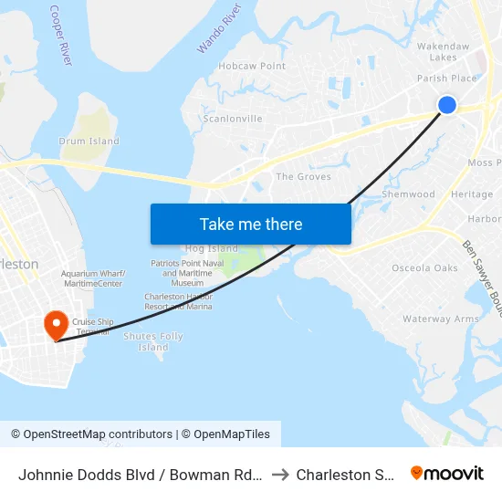 Johnnie Dodds Blvd / Bowman Rd (N Of 17) to Charleston SC USA map