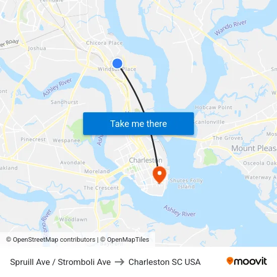 Spruill Ave / Stromboli Ave to Charleston SC USA map