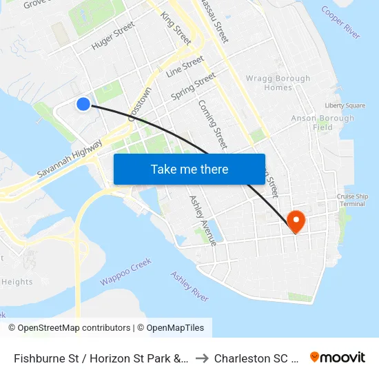 Fishburne St / Horizon St Park & Ride to Charleston SC USA map