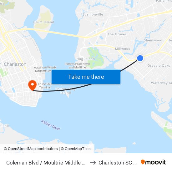 Coleman Blvd / Moultrie Middle School to Charleston SC USA map