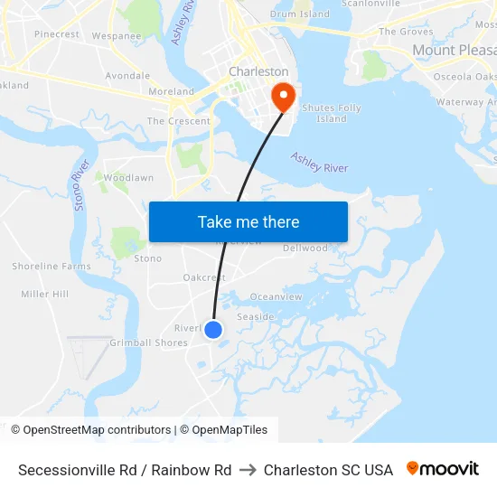 Secessionville Rd / Rainbow Rd to Charleston SC USA map