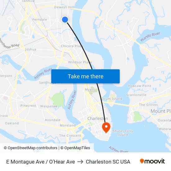 E Montague Ave / O'Hear Ave to Charleston SC USA map