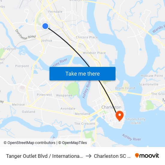 Tanger Outlet Blvd / International Blvd to Charleston SC USA map