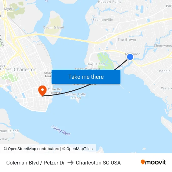 Coleman Blvd / Pelzer Dr to Charleston SC USA map