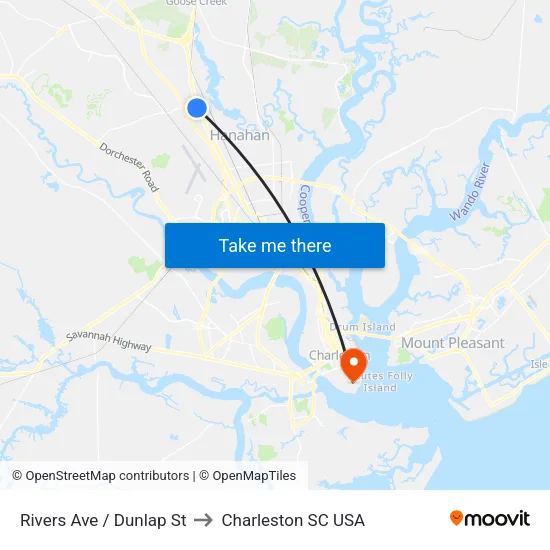 Rivers Ave / Dunlap St to Charleston SC USA map