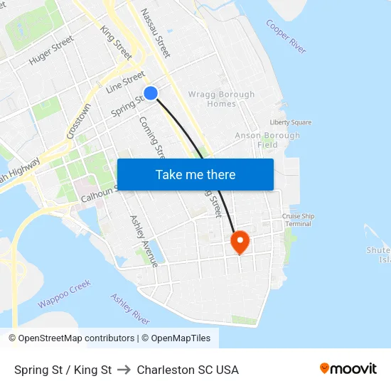 Spring St / King St to Charleston SC USA map
