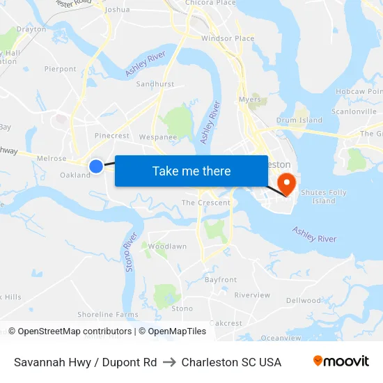Savannah Hwy / Dupont Rd to Charleston SC USA map