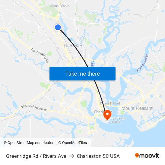 Greenridge Rd / Rivers Ave to Charleston SC USA map