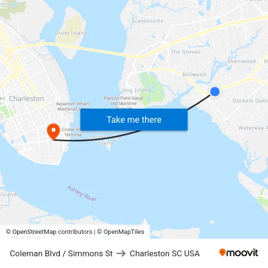 Coleman Blvd / Simmons St to Charleston SC USA map