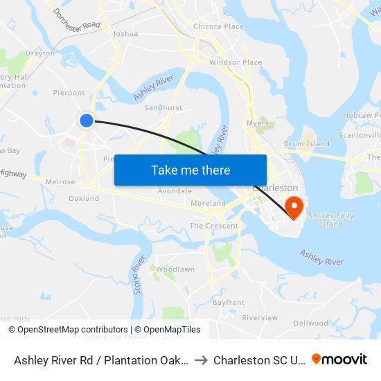 Ashley River Rd / Plantation Oaks Dr to Charleston SC USA map