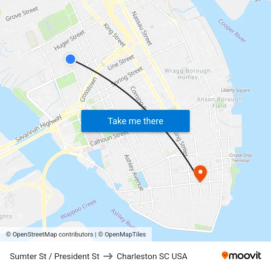 Sumter St / President St to Charleston SC USA map