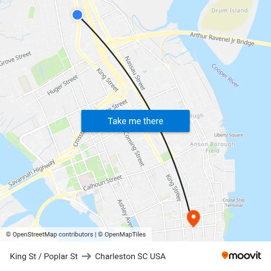 King St / Poplar St to Charleston SC USA map