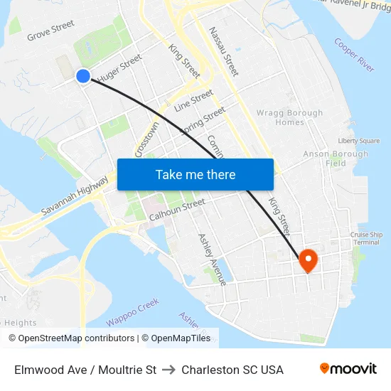 Elmwood Ave / Moultrie St to Charleston SC USA map