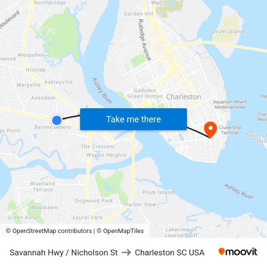 Savannah Hwy / Nicholson St to Charleston SC USA map