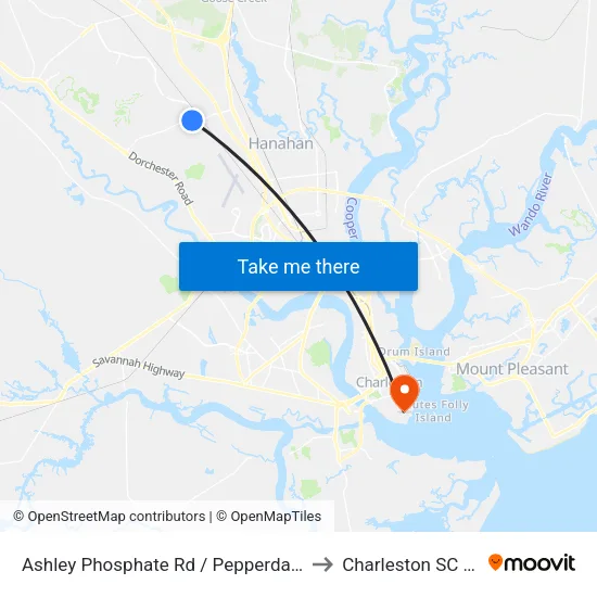 Ashley Phosphate Rd / Pepperdam Ave to Charleston SC USA map