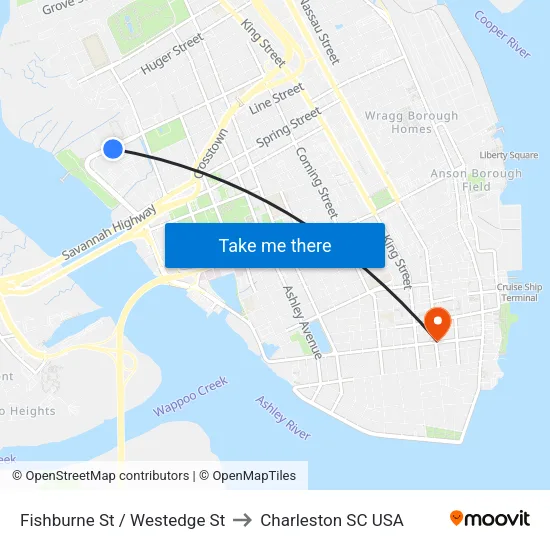 Fishburne St / Westedge St to Charleston SC USA map
