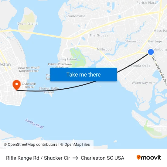 Rifle Range Rd / Shucker Cir to Charleston SC USA map
