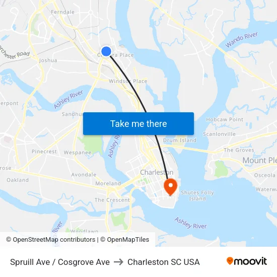 Spruill Ave / Cosgrove Ave to Charleston SC USA map