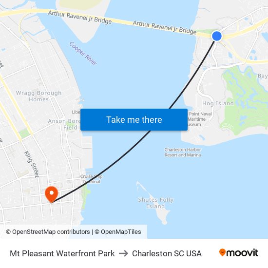 Mt Pleasant Waterfront Park to Charleston SC USA map