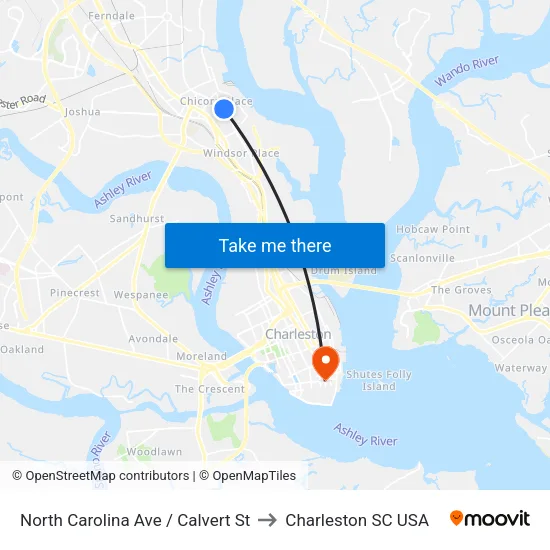 North Carolina Ave / Calvert St to Charleston SC USA map