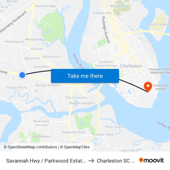 Savannah Hwy / Parkwood Estates Dr to Charleston SC USA map