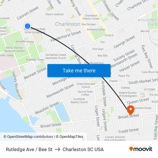 Rutledge Ave / Bee St to Charleston SC USA map