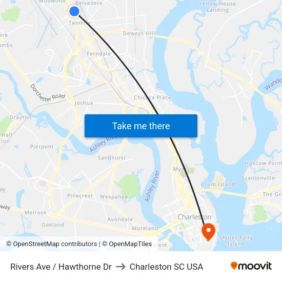 Rivers Ave / Hawthorne Dr to Charleston SC USA map