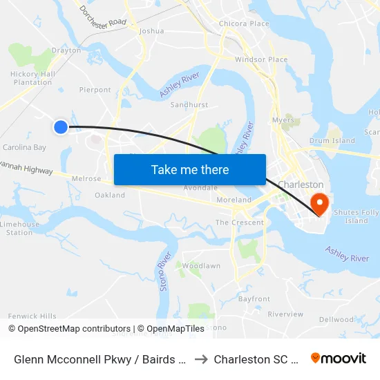 Glenn Mcconnell Pkwy / Bairds Cove to Charleston SC USA map