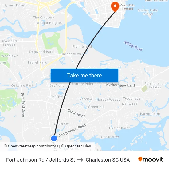 Fort Johnson Rd / Jeffords St to Charleston SC USA map