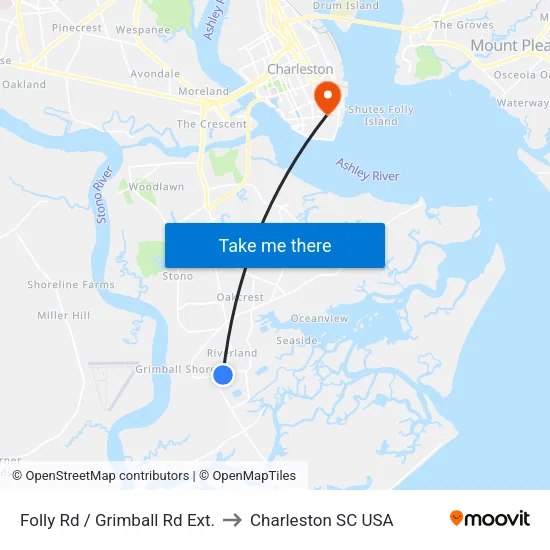Folly Rd / Grimball Rd Ext. to Charleston SC USA map
