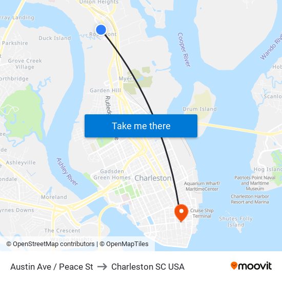 Austin Ave / Peace St to Charleston SC USA map