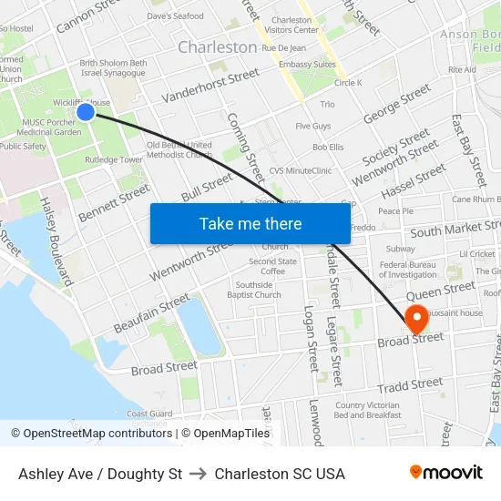 Ashley Ave / Doughty St to Charleston SC USA map
