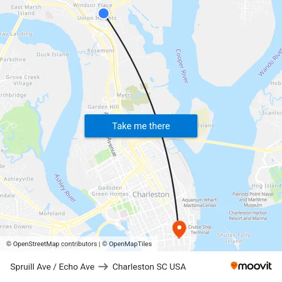 Spruill Ave / Echo Ave to Charleston SC USA map