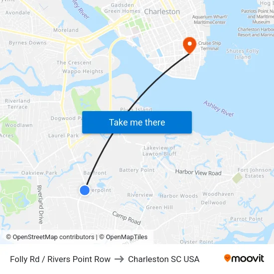 Folly Rd / Rivers Point Row to Charleston SC USA map