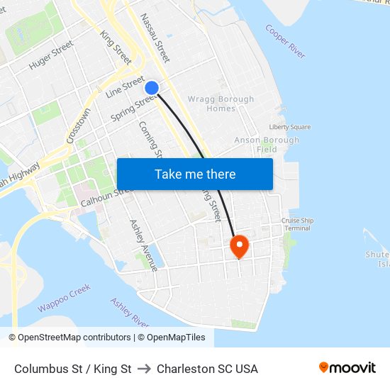 Columbus St / King St to Charleston SC USA map