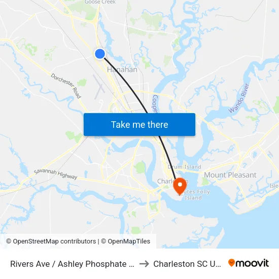 Rivers Ave / Ashley Phosphate Rd to Charleston SC USA map