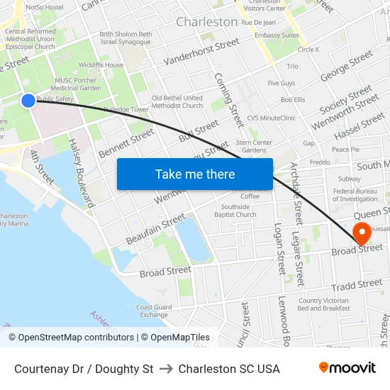 Courtenay Dr / Doughty St to Charleston SC USA map