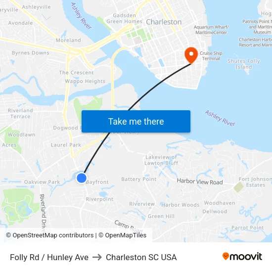 Folly Rd / Hunley Ave to Charleston SC USA map