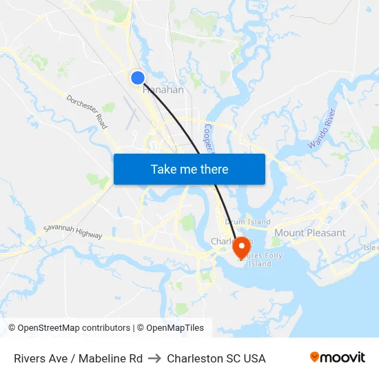 Rivers Ave / Mabeline Rd to Charleston SC USA map