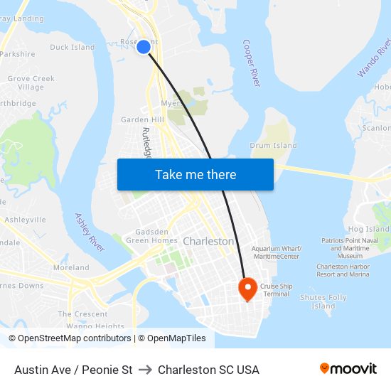 Austin Ave / Peonie St to Charleston SC USA map