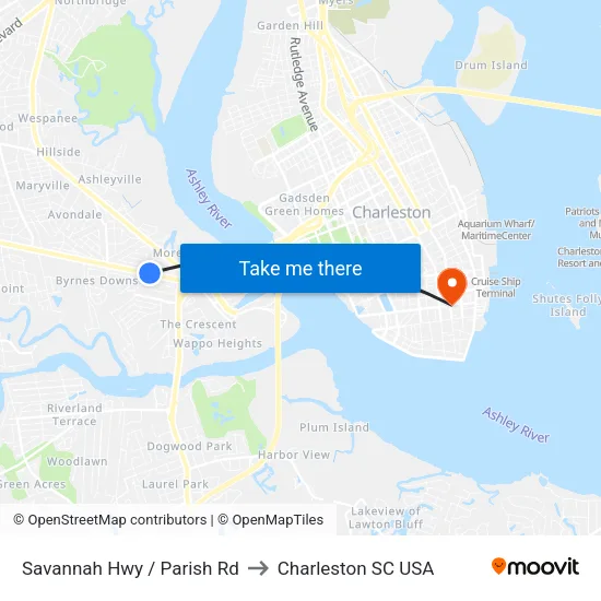Savannah Hwy / Parish Rd to Charleston SC USA map