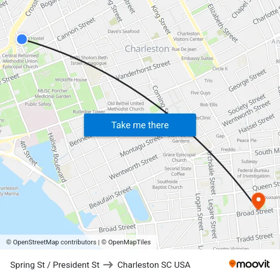 Spring St / President St to Charleston SC USA map