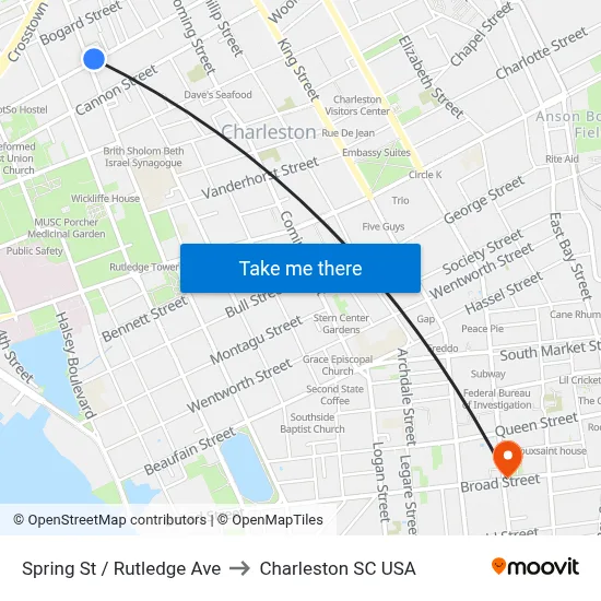 Spring St / Rutledge Ave to Charleston SC USA map