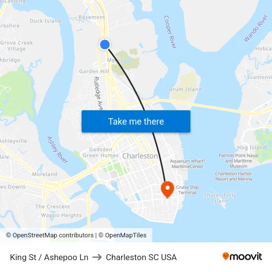 King St / Ashepoo Ln to Charleston SC USA map