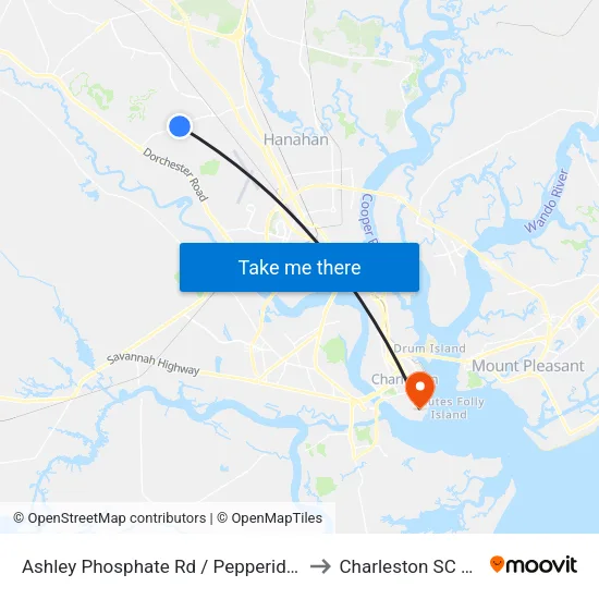 Ashley Phosphate Rd / Pepperidge Dr to Charleston SC USA map