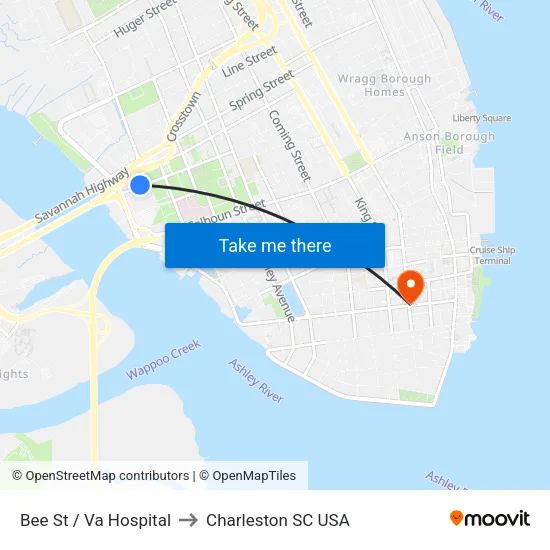 Bee St / Va Hospital to Charleston SC USA map