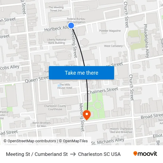 Meeting St / Cumberland St to Charleston SC USA map