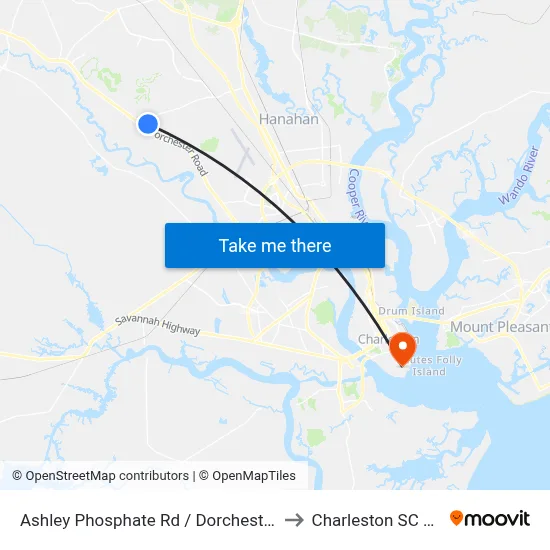 Ashley Phosphate Rd / Dorchester Rd to Charleston SC USA map