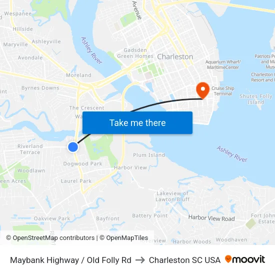 Maybank Highway / Old Folly Rd to Charleston SC USA map