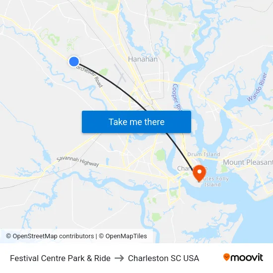 Festival Centre Park & Ride to Charleston SC USA map